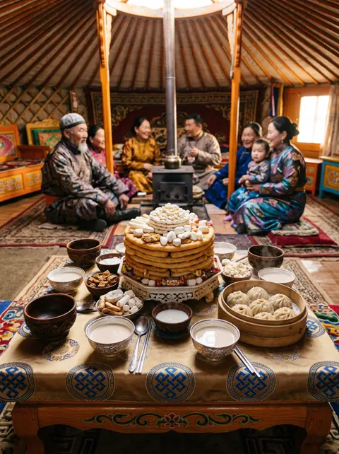 Traditional Tsagaan Sar festive hospitality table with Ul Boov and hot milk tea in a warm ger