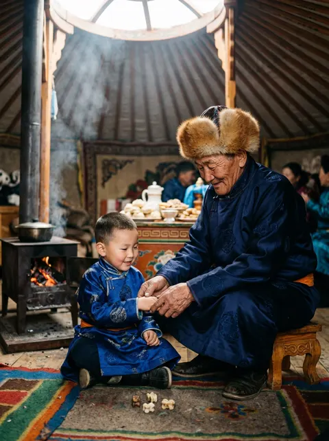 Mongolian grandfather teaching his young grandson traditional anklebone game inside the ger