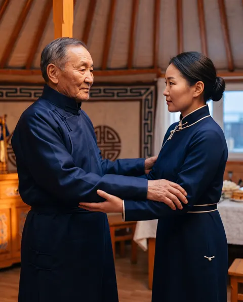 Authentic Mongolian Tsagaan Sar Zolgolt greeting between elder and younger family member